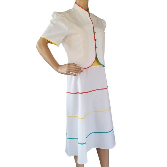 2 Piece Jacket Dress Women's S Sheath Sundress Midi Stripe Tie Belt Square Neck - Picture 7 of 12